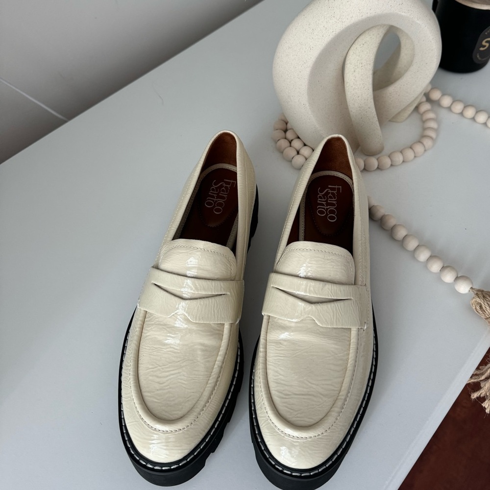 Cream and black loafer platform shoes